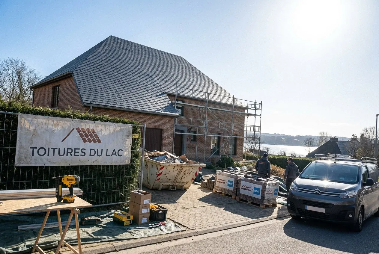 Maison au toit d’ardoises sous échafaudage, bâche Toitures du Lac, lac en arrière-plan