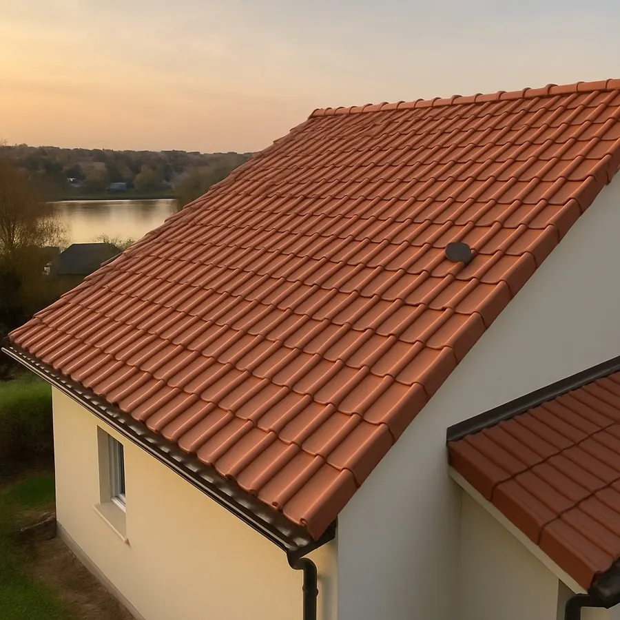 Toiture en tuiles terre cuite au coucher du soleil au-dessus du lac